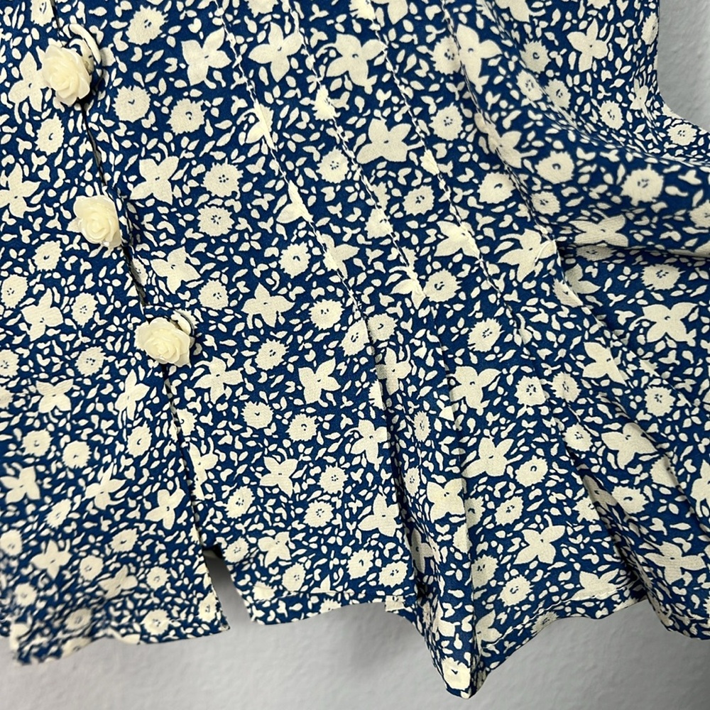 Polo Ralph Lauren Floral Print Blue White Ruched Sleeve Button Front Blouse 0 - Picture 6 of 10